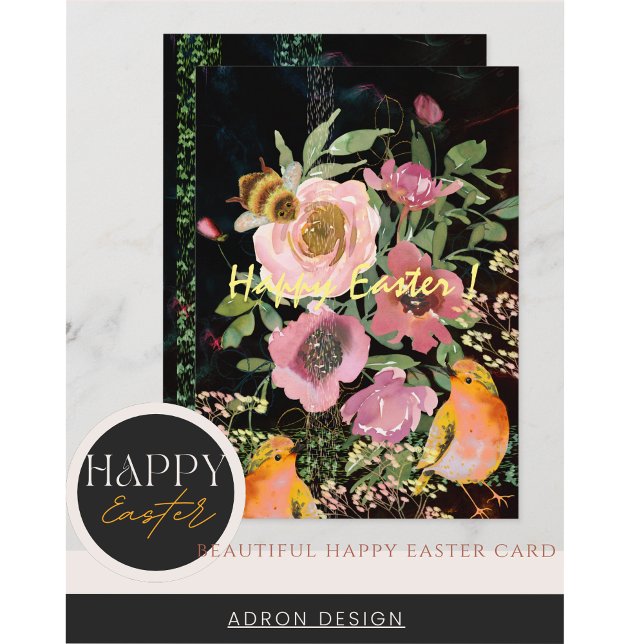 Cartes Pour Fêtes Annuelles Fleurs roses Pâques noir avec oiseaux (Happy Easter Pink floral black with yellow birds and bumblebee Card)