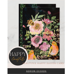 Cartes Pour Fêtes Annuelles Fleurs roses sur fond noir pour Pâques avec oiseau