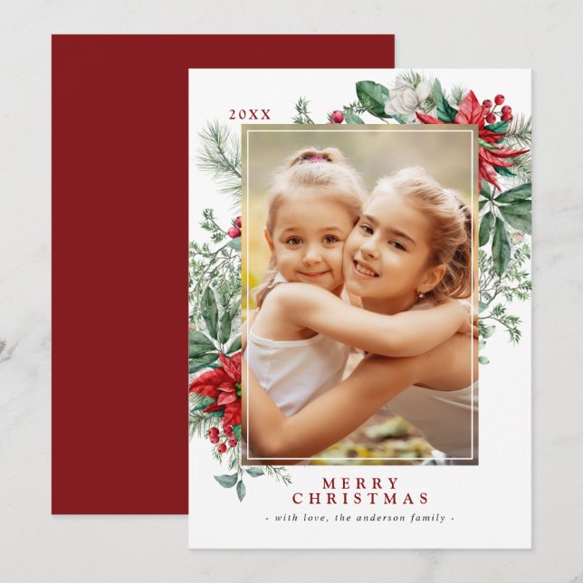 Cartes Pour Fêtes Annuelles Fleurs rouges de Noël Poinsettia | Photo verticale (Devant / Derrière)