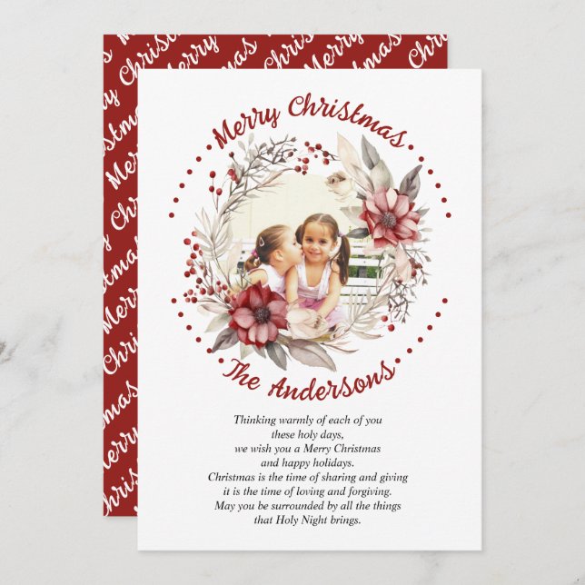 Cartes Pour Fêtes Annuelles Fleurs rouges et baies de Noël photo (Devant / Derrière)