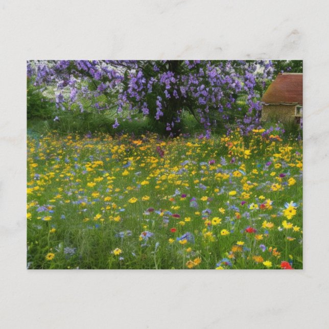 Cartes Pour Fêtes Annuelles Fleurs sauvages avec un chalet à la campagne (Devant)