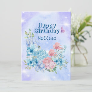 Cartes Pour Fêtes Annuelles Fleurs sauvages bleu moderne étincelant Anniversai