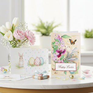 Cartes Pour Fêtes Annuelles Fleurs violettes aquarelle et papillon de Pâques