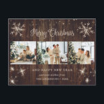 Cartes Pour Fêtes Annuelles Flocon de neige 3 Photo Collage<br><div class="desc">Photo rustique Carte postale Joyeux Noël et Joyeux Nouvel An avec un collage photo avec étoiles, flocons de neige et une belle lettre de voeux de vacances dans une police de script festif. Personnalisez facilement cette carte postale rustique de vacances en bois avec vos photos, nom de famille et texte....</div>