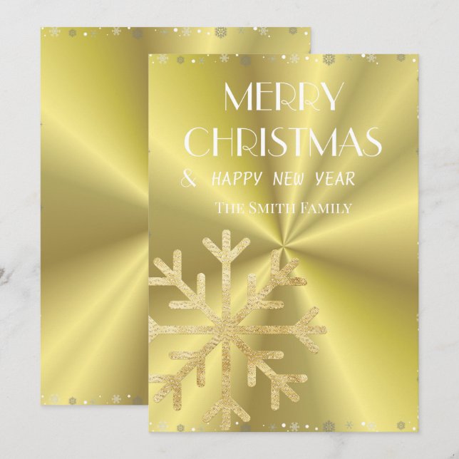 Cartes Pour Fêtes Annuelles Flocon de neige doré et fond élégant doré (Devant / Derrière)