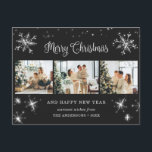 Cartes Pour Fêtes Annuelles Flocon de neige en argent noir 3 photo Collage<br><div class="desc">Photographie noire Carte postale Joyeux Noël et Joyeux Nouvel An avec un collage photo avec étoiles, flocons de neige et un magnifique message de voeux de vacances écrit à la main dans une police de script festif. Personnalisez facilement cette carte postale de vacances en noir et argent avec vos photos,...</div>