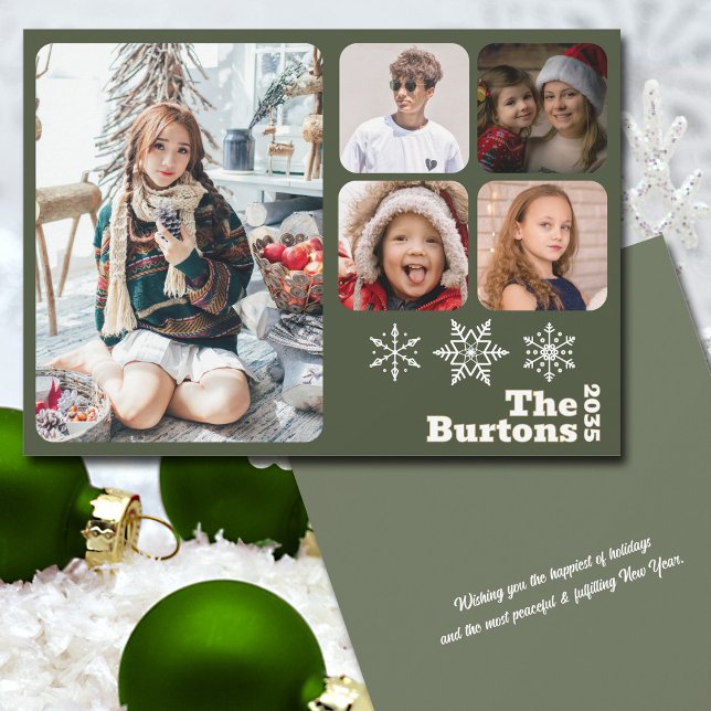 Cartes Pour Fêtes Annuelles Flocon de neige multiphoto de Noël Sage vert (Multi-photo greeting card with a simple modern  holiday design  that will let your fave pics shine.)