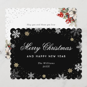 Cartes Pour Fêtes Annuelles Flocon de neige noir aquarelle botanique 