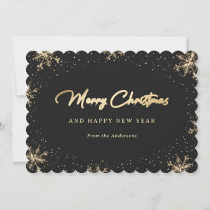 Cartes Pour Fêtes Annuelles Flocon de neige noir et or mousseux