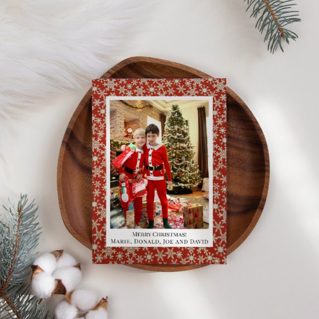 Cartes Pour Fêtes Annuelles Flocon de neige or rouge Ajoutez votre propre phot (Créateur téléchargé)