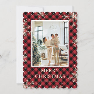 Cartes Pour Fêtes Annuelles Flocon de neige rouge Plaid Photo Joyeux Noël
