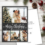 Cartes Pour Fêtes Annuelles Flocon de neige rustique Chalkboard 4 Photo Noël<br><div class="desc">Rustic Minimal Chalkboard Snowflake 4 Photo Collage Joyeux Script de Noël Carte de vacances. Ce modèle festif, minimaliste, (4) quatre cartes de vacances photo présente un joli collage photo, quelques flocs de neige et dit Joyeux Noël! Le texte de salutation "Joyeux Noël" est écrit dans une belle couleur blanche lettré...</div>