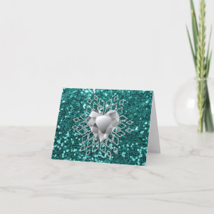 Cartes Pour Fêtes Annuelles Flocon de neige turquoise de coeur de diamant de