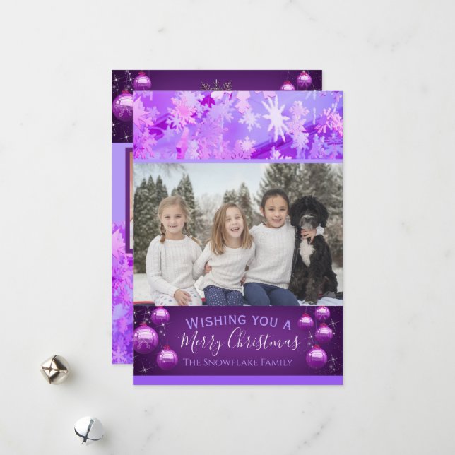 Cartes Pour Fêtes Annuelles Flocon de neige violet Photo de Noël (Devant/Arrière en situation)