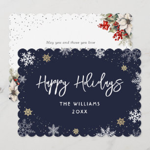 Cartes Pour Fêtes Annuelles Flocons de neige botaniques bleus modernes
