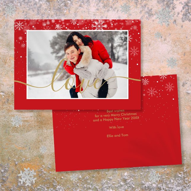 Cartes Pour Fêtes Annuelles Flocons de neige de photo modernes Script Amour Or (Modern Photo Snowflakes Gold Love Script Holiday Card)