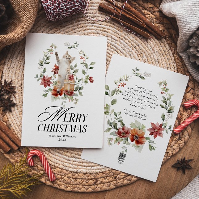 Cartes Pour Fêtes Annuelles Floral Elegant Aquarelle Chat Joyeux Noël (Créateur téléchargé)