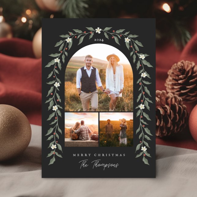 Cartes Pour Fêtes Annuelles Floral Garland Arched 3 Photo Black Christmas Card (Floral Garland Arched 3 Photo Black Christmas Card)
