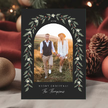 Floral Garland Arched Photo Black Christmas Card
