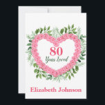 Cartes Pour Fêtes Annuelles Floral Heart 80th Birthday Card pour femmes<br><div class="desc">Faites-lui savoir combien elle a aimé à l'occasion de son 80e anniversaire avec cette carte de 80e anniversaire au coeur floral mignon. Magnifique carte de voeux de 80ème anniversaire rose et vert avec un coeur de roses roses et l'inscription sucrée "80 ans aimés". Ajoutez son nom pour une touche spéciale...</div>