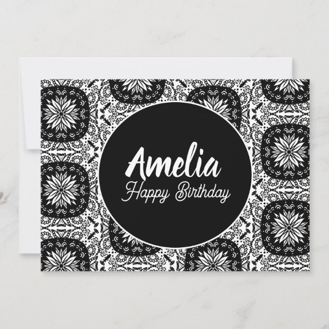 Cartes Pour Fêtes Annuelles Floral Mandala fête d'anniversaire Noir Blanc (Devant)
