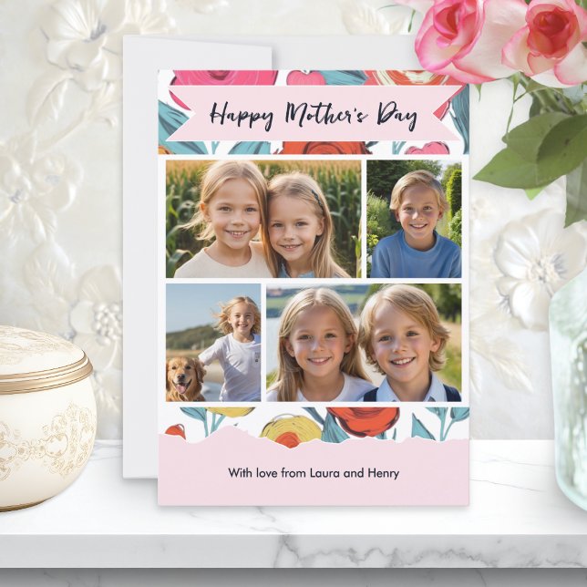 Cartes Pour Fêtes Annuelles Floral Modern Mother’s Day Custom Photo Collage (A pretty floral Mother's Day card, with four custom photos and personalized message)