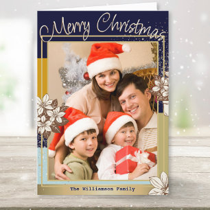 Cartes Pour Fêtes Annuelles Floral moderne Blue Gold Photo Joyeux Noël