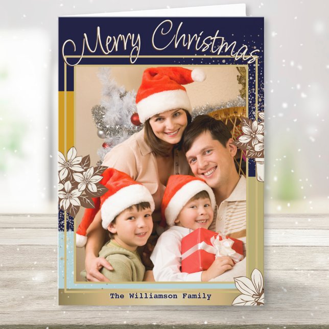 Cartes Pour Fêtes Annuelles Floral moderne Blue Gold Photo Joyeux Noël (A contemporary blue and faux gold Christmas card to personalize with your own photo and name(s))