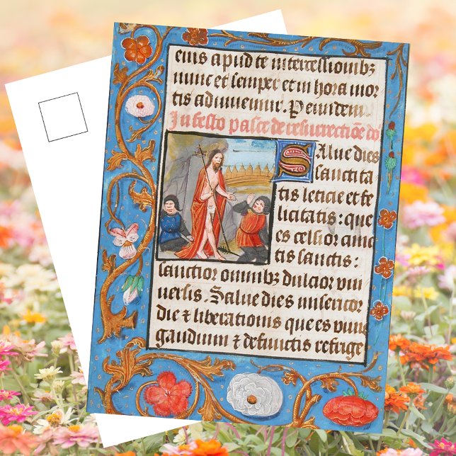 Cartes Pour Fêtes Annuelles Floral Moyen Age Résurrection chrétienne Pâques (Easter Floral Leaf Medieval Illuminated Manuscript Christian Catholic Jesus Resurrection Postcard)