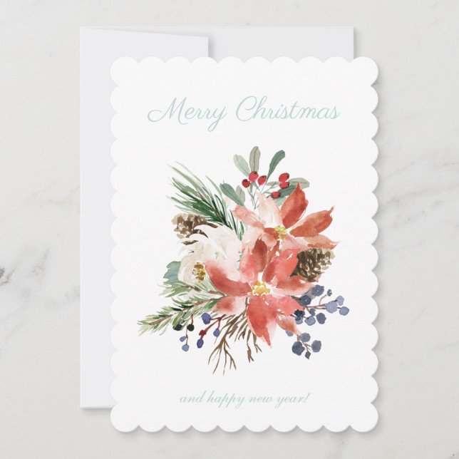 Cartes Pour Fêtes Annuelles Floral Poinsettia bleu clair Plaid Check Noël (Devant)