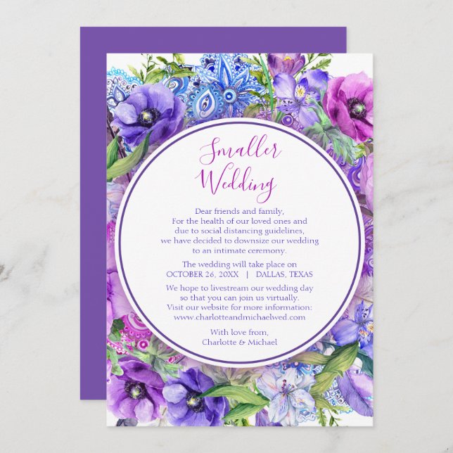 Cartes Pour Fêtes Annuelles Floral Purple Mariage plus petit Changement de pla (Devant / Derrière)