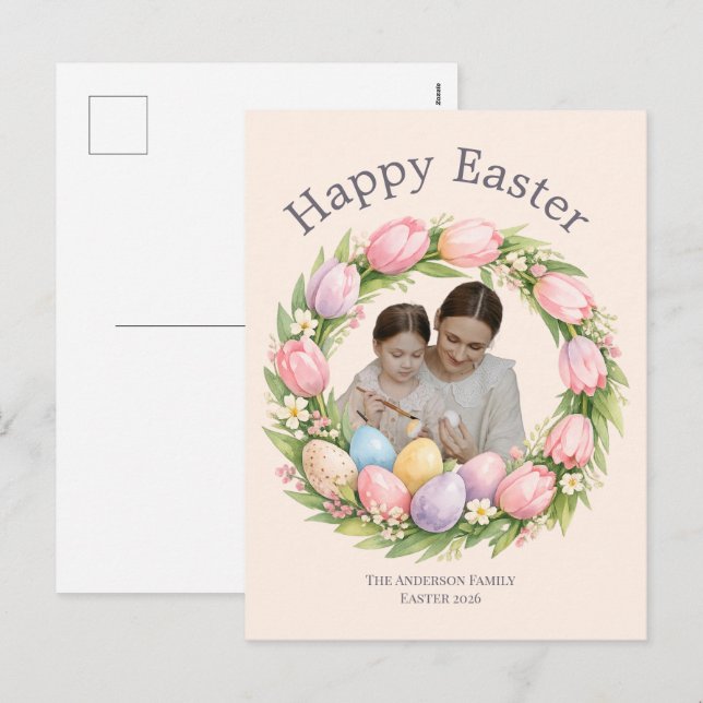 Cartes Pour Fêtes Annuelles Floral Wreath & Family Photo Personalized Easter  (Devant / Derrière)