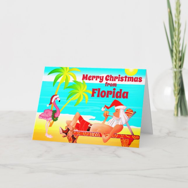 Cartes Pour Fêtes Annuelles Floride Joyeux Noël Père Noël et Flamant rose Beac (Devant)