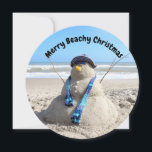 Cartes Pour Fêtes Annuelles Floride ronde personnalisée Snowman Beach Noël<br><div class="desc">Photo d'un bonhomme de neige sculpté sur sable - customisez facilement le texte.</div>