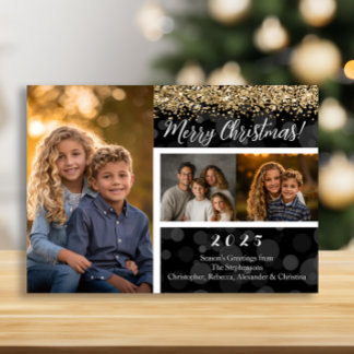 Cartes Pour Fêtes Annuelles Flou noir Paillettes dorées 3-Photo Joyeux Noël
