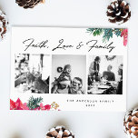 Cartes Pour Fêtes Annuelles Foi Amour Famille. Fleur de Noël religieuse<br><div class="desc">Carte de script de Noël religieux "Faith Love and Family" avec collage photo et aquarelle rose poinsettia florale et branche de pin.</div>