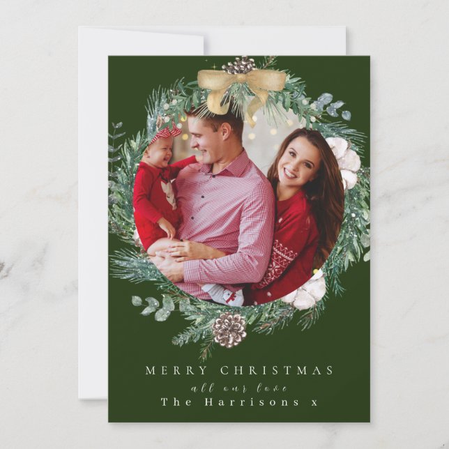 Cartes Pour Fêtes Annuelles Foliage botanique Wreath 1 Photo Joyeux Noël (Devant)