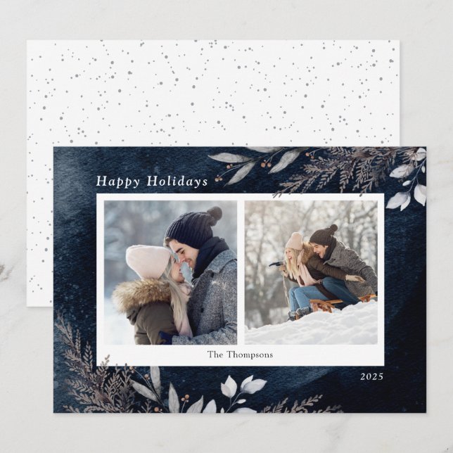 Cartes Pour Fêtes Annuelles Foliage d'hiver Marine Aquarelle bleue 2 Photos (Devant / Derrière)