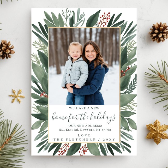 Cartes Pour Fêtes Annuelles Foliage d'hiver Nouvelle maison pour les vacances  (Winter Foliage New Home for Holidays Photo Moving Holiday Card)