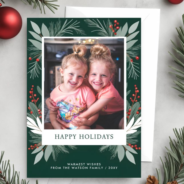 Cartes Pour Fêtes Annuelles Foliage d'hiver Verdure Joyeuses vacances Photo (Winter Foliage Greenery Happy Holidays Photo Holiday Card)