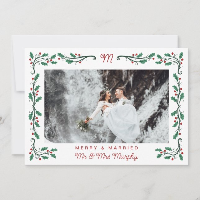 Cartes Pour Fêtes Annuelles Folk Holly Frame Merry & Married Christmas Photo (Devant)