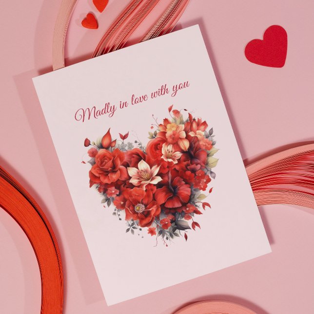 Cartes Pour Fêtes Annuelles Folle amoureuse | Cœur floral | Texte personnalisé (Créateur téléchargé)