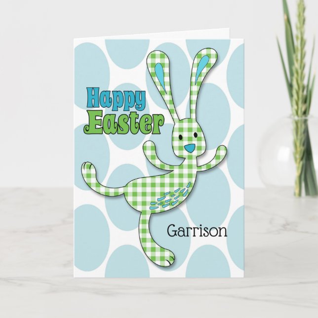 Cartes Pour Fêtes Annuelles for Boys Custom Nom Easter Bunny à Gingham (Devant)