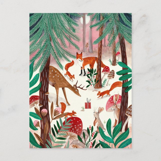 Cartes Pour Fêtes Annuelles Forêt Bois vert et rose animaux boisés Forêt (Devant)