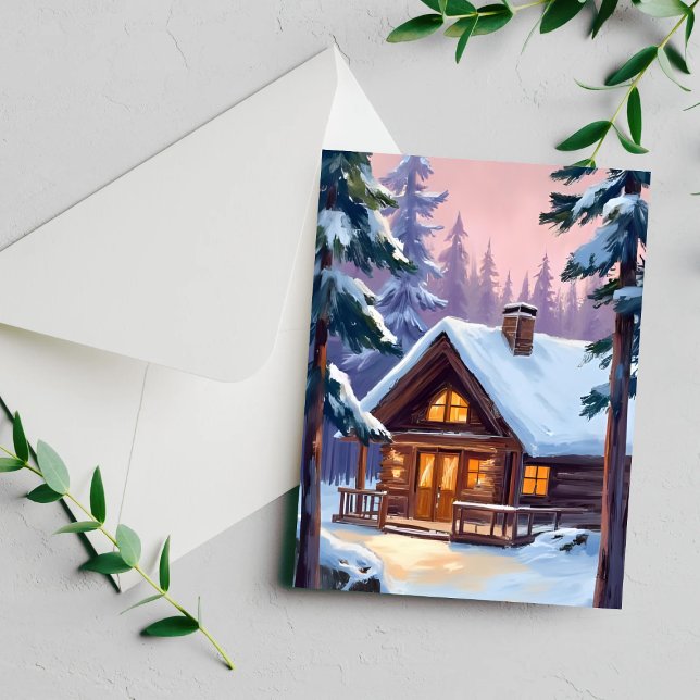 Cartes Pour Fêtes Annuelles Forêt Cabine de Noël Neige d'hiver (Créateur téléchargé)