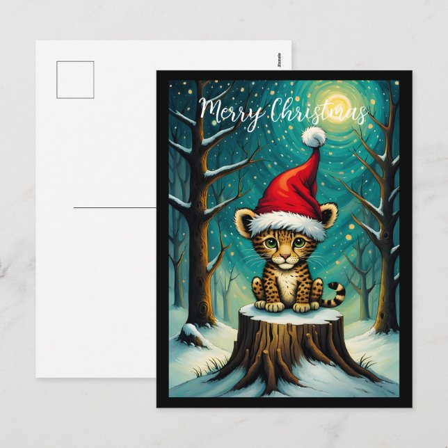 Cartes Pour Fêtes Annuelles Forêt de neige nuit mignonne bébé léopard (Devant / Derrière)