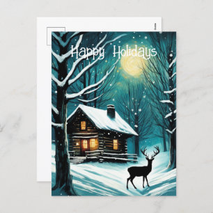 Cartes Pour Fêtes Annuelles Forêt de nuit d'hiver Cabine Deer Noël