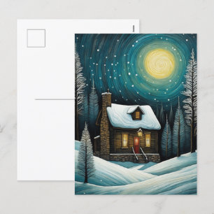 Cartes Pour Fêtes Annuelles Forêt de nuit d'hiver neige Cottage Noël