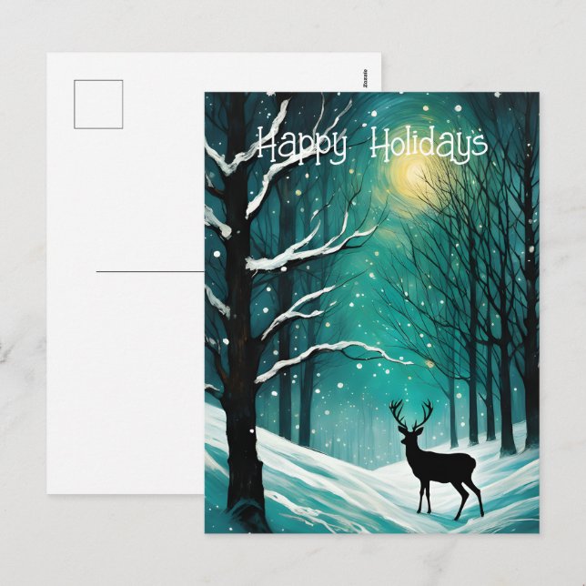 Cartes Pour Fêtes Annuelles Forêt de nuit d'hiver Noël aux cerfs (Devant / Derrière)