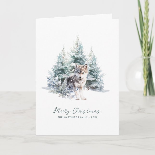 Cartes Pour Fêtes Annuelles Forêt de pins de bois Loup Joyeux Noël plié (Devant)